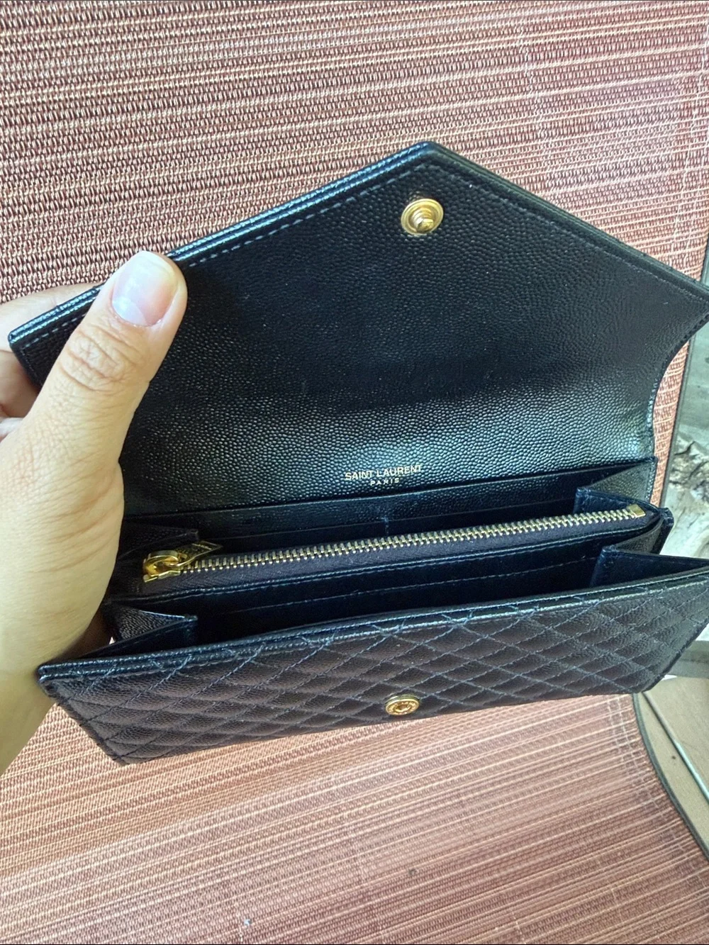 Saint Laurent Black Quilted Chevron & Diamond Leather Wallet with Gold YSL